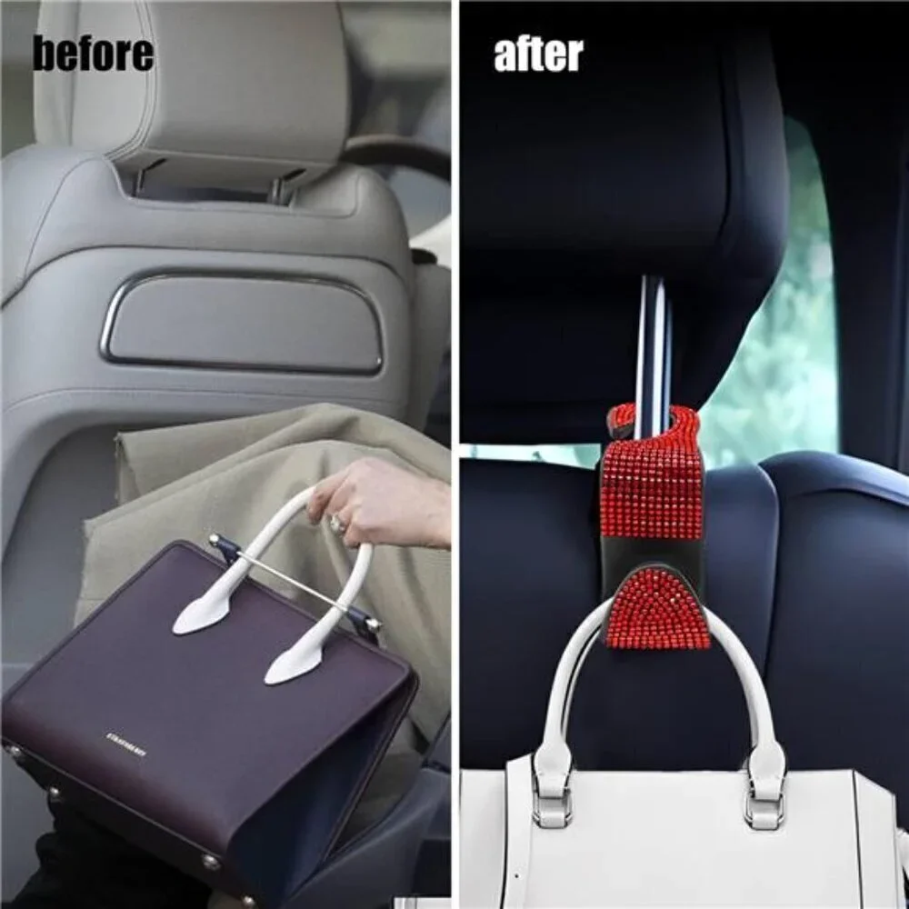 Bling Car Seat Hooks  Red (2 Pack) Bling Rhinestones Crystal Hanger Organizer